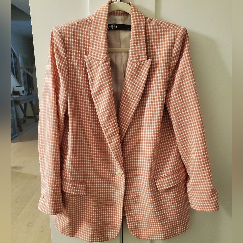 Zara Women's Pink & White Gingham Blazer, Seersucker Fabric,Lined Sz.XL